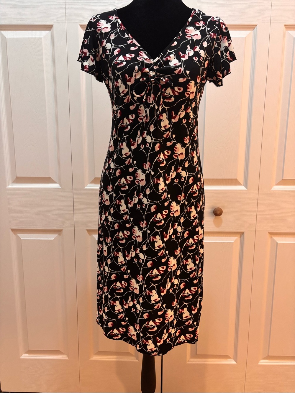 New York & Company Black Floral Midi Dress with Pink and Cream Accents